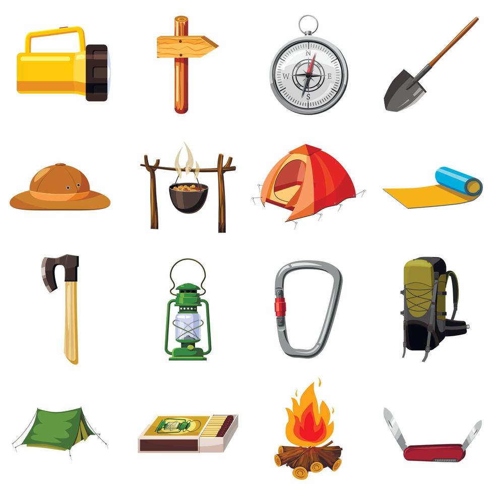 conjunto de ícones de itens de acampamento, estilo cartoon vetor