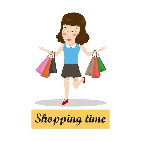 Mulher feliz dos desenhos animados, andando com sacolas de compras - conceito de tempo de compras vetor