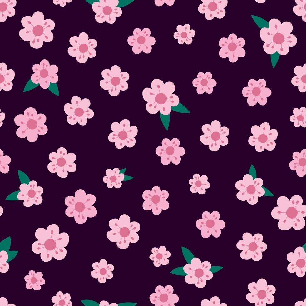 padrão sem emenda de lindas flores cor de rosa. vector fundo vermelho escuro infinito com flor de sakura. design de primavera com elementos florais planos