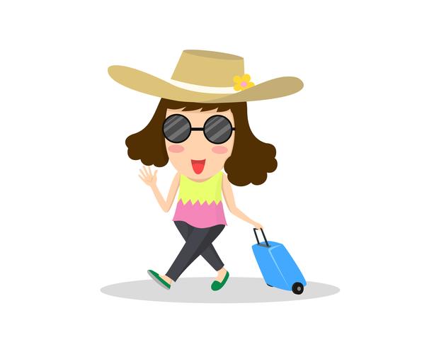 viajante de mulher de ilustração dos desenhos animados com mala está pronta para férias isolada no fundo branco vetor