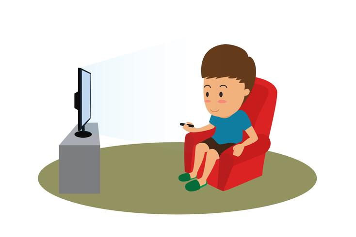Homem dos desenhos animados com remoto assistindo TV no sofá - ilustração vetorial vetor