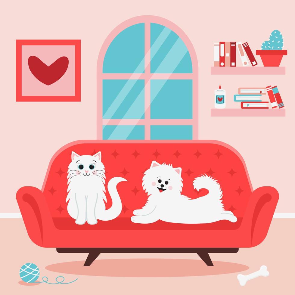 gato branco fofo e cachorro spitz no sofá. animais de estimação fofos na sala de estar. aceitação, amor por animais domésticos, amizade entre animais de estimação, interior aconchegante. vetor