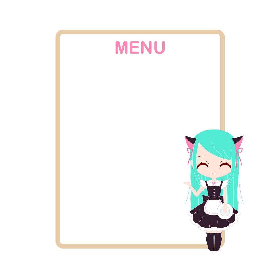 modelo de design para menu de maid cafe com empregada de anime chibi fofa vetor