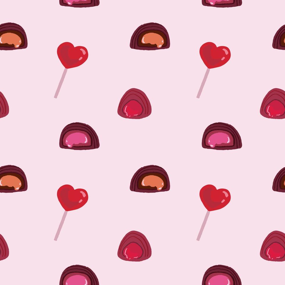 padrão sem costura de confeitaria romântica desenhada à mão com bombons de chocolate e pirulito vetor