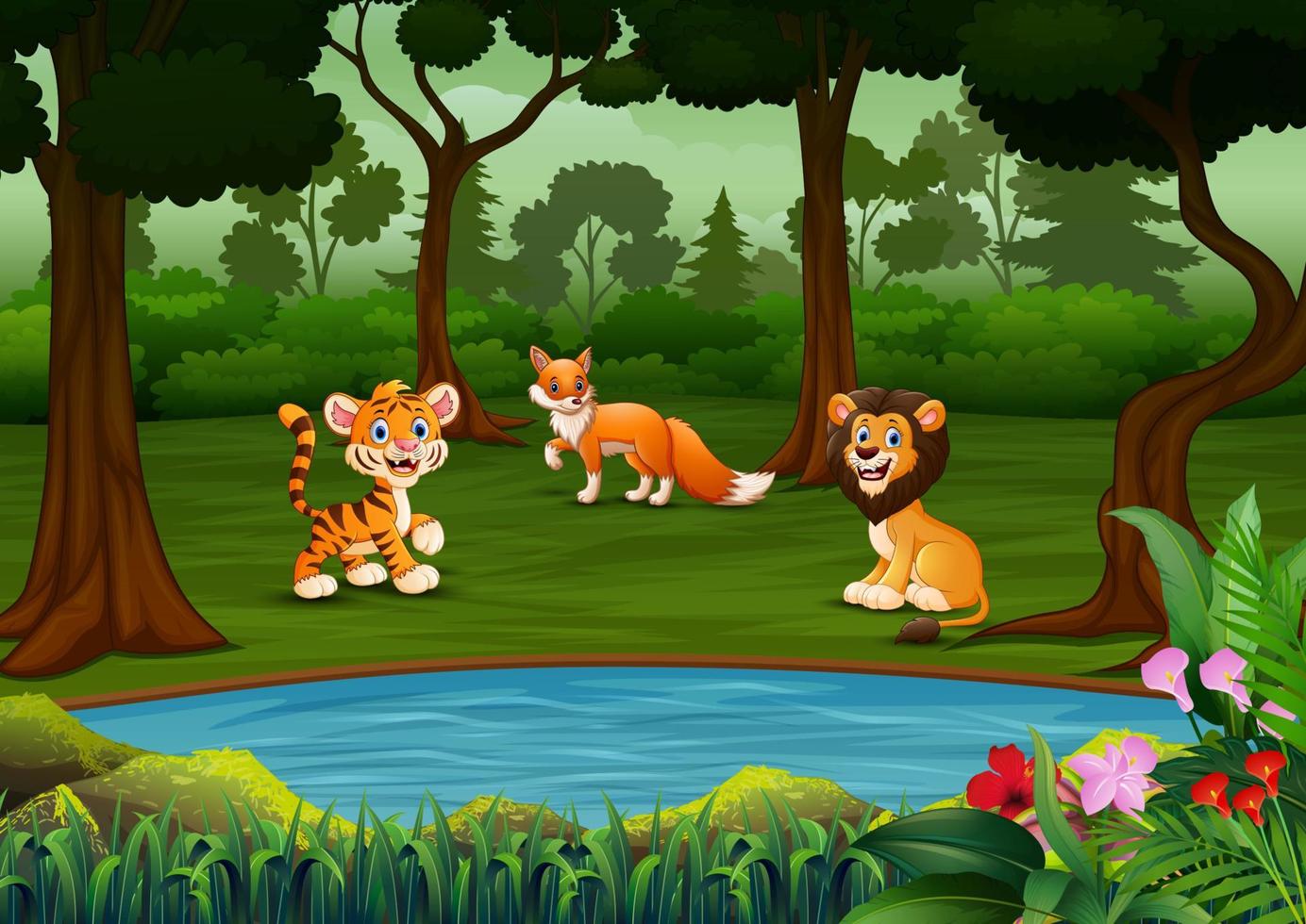 desenhos animados muitos animais selvagens na floresta vetor