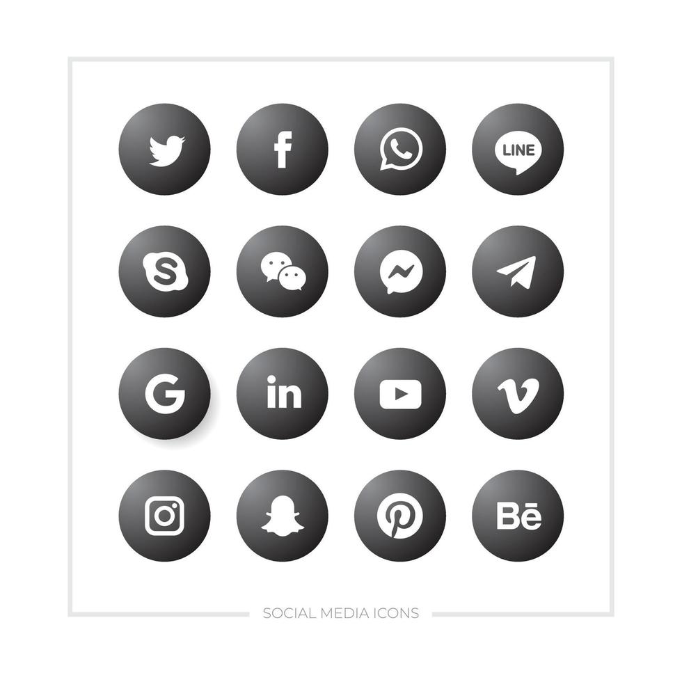 conjunto de vários ícones de mídia social com cor preta em forma de círculo simples. vetor