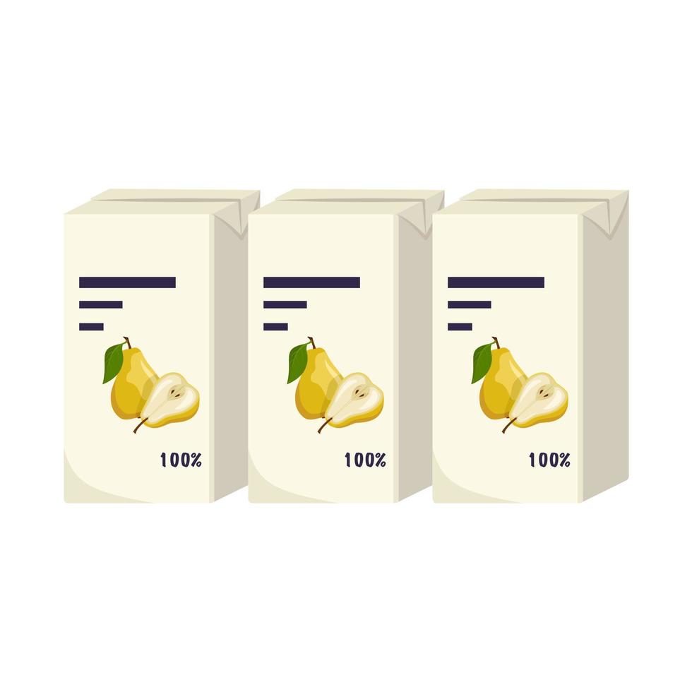 conjunto de pacotes quadrados de suco de peras amarelas com folhas. bebida saudável doce, líquido saboroso. ilustração vetorial plana vetor