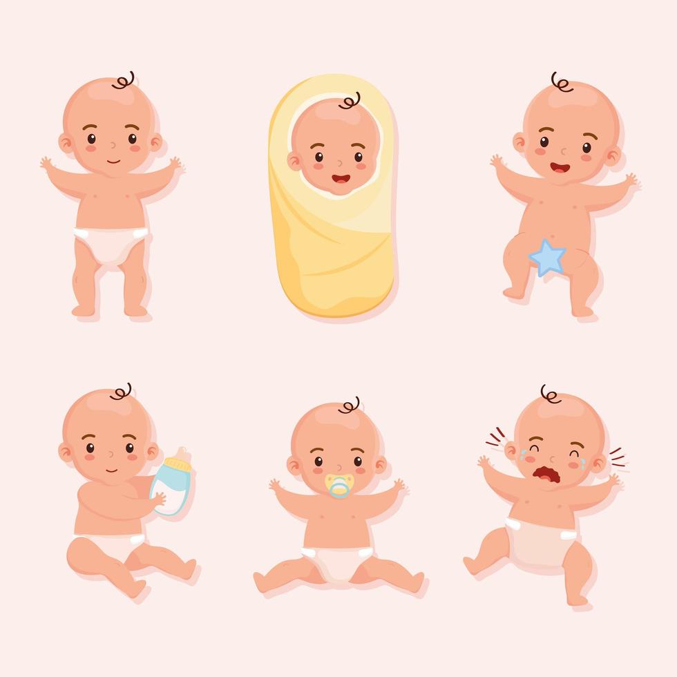 bebês seis personagens vetor