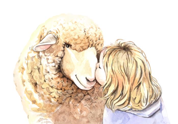 A menina da aquarela beija a ilustração dos carneiros. vetor