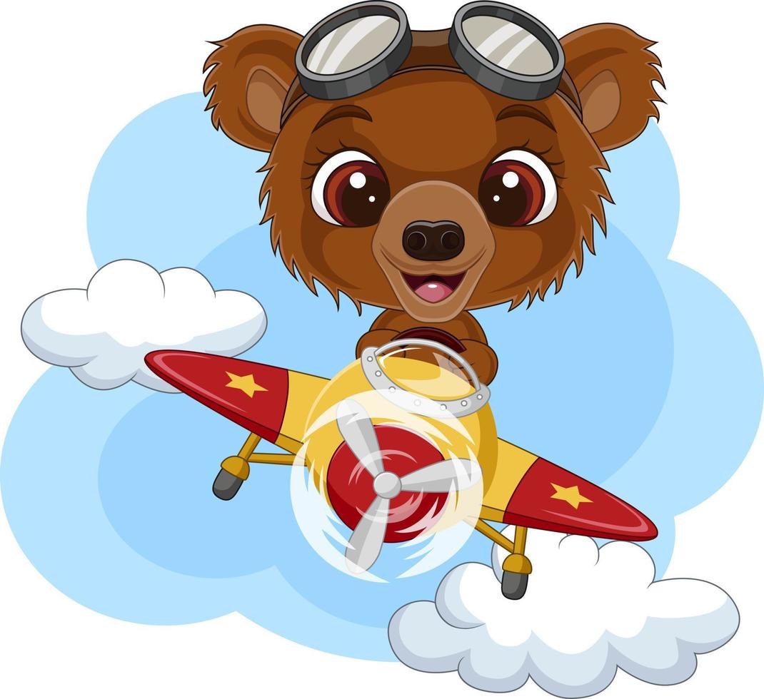 urso bebê dos desenhos animados operando um avião vetor