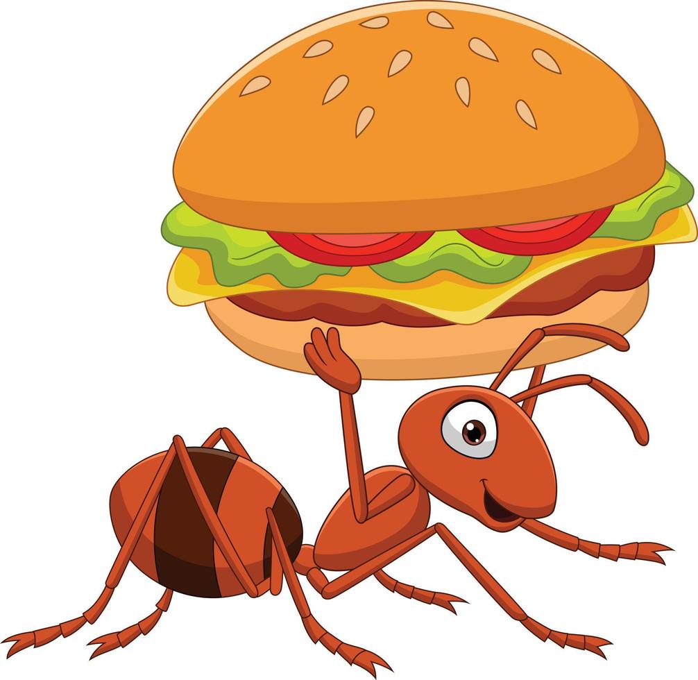 formiga engraçada dos desenhos animados carregando um hambúrguer vetor