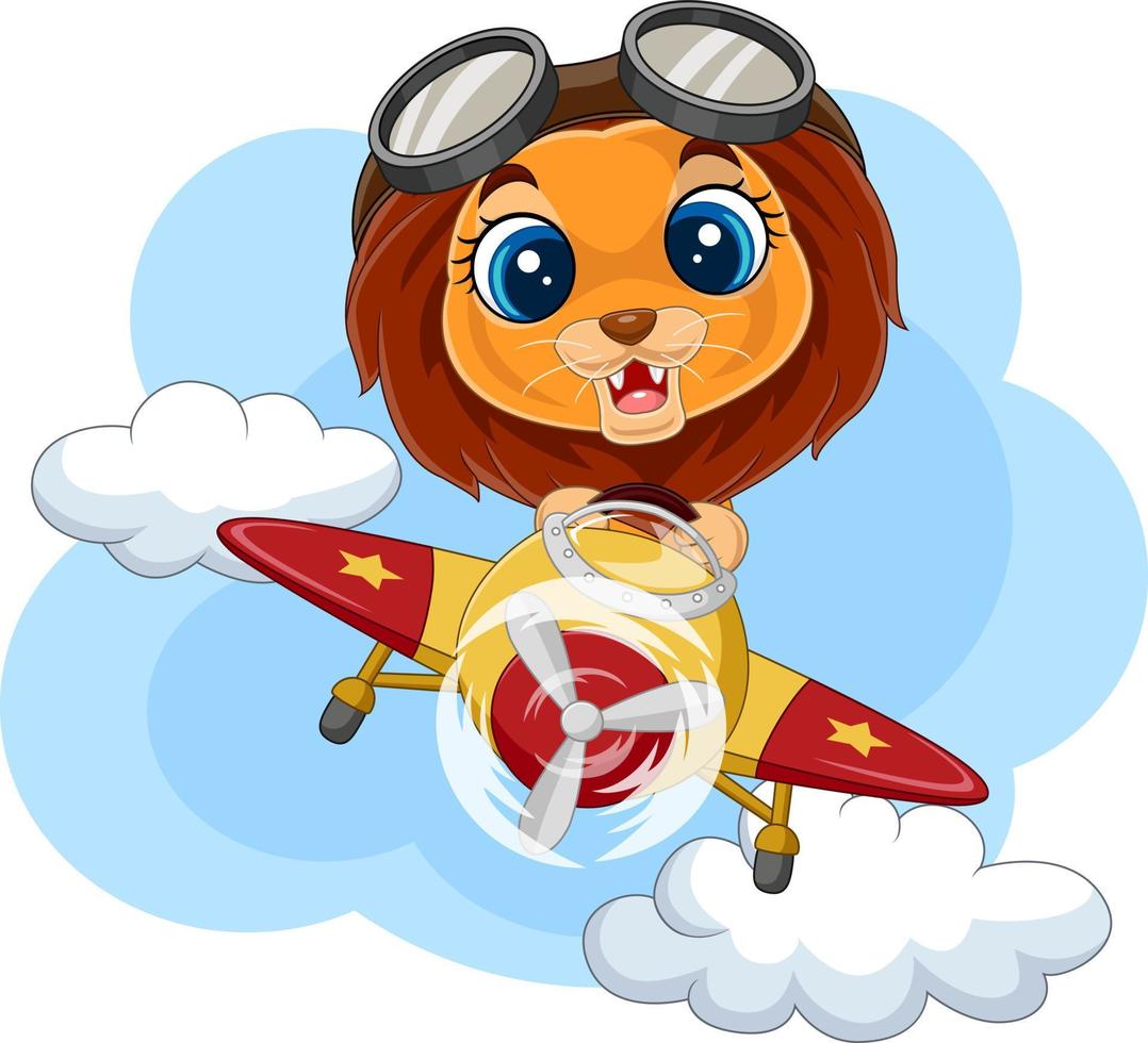 leão bebê dos desenhos animados operando um avião vetor