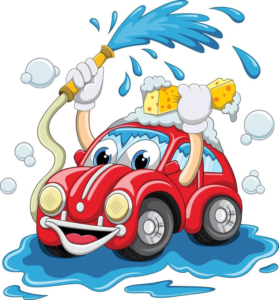 lavagem de carro de desenho animado com tubo de água e esponja vetor
