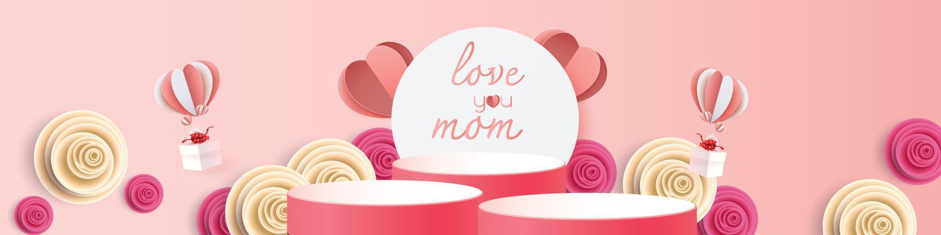 conceito de pódio e design de saudações de feliz dia das mães te amo fundo de mãe na primavera vetor