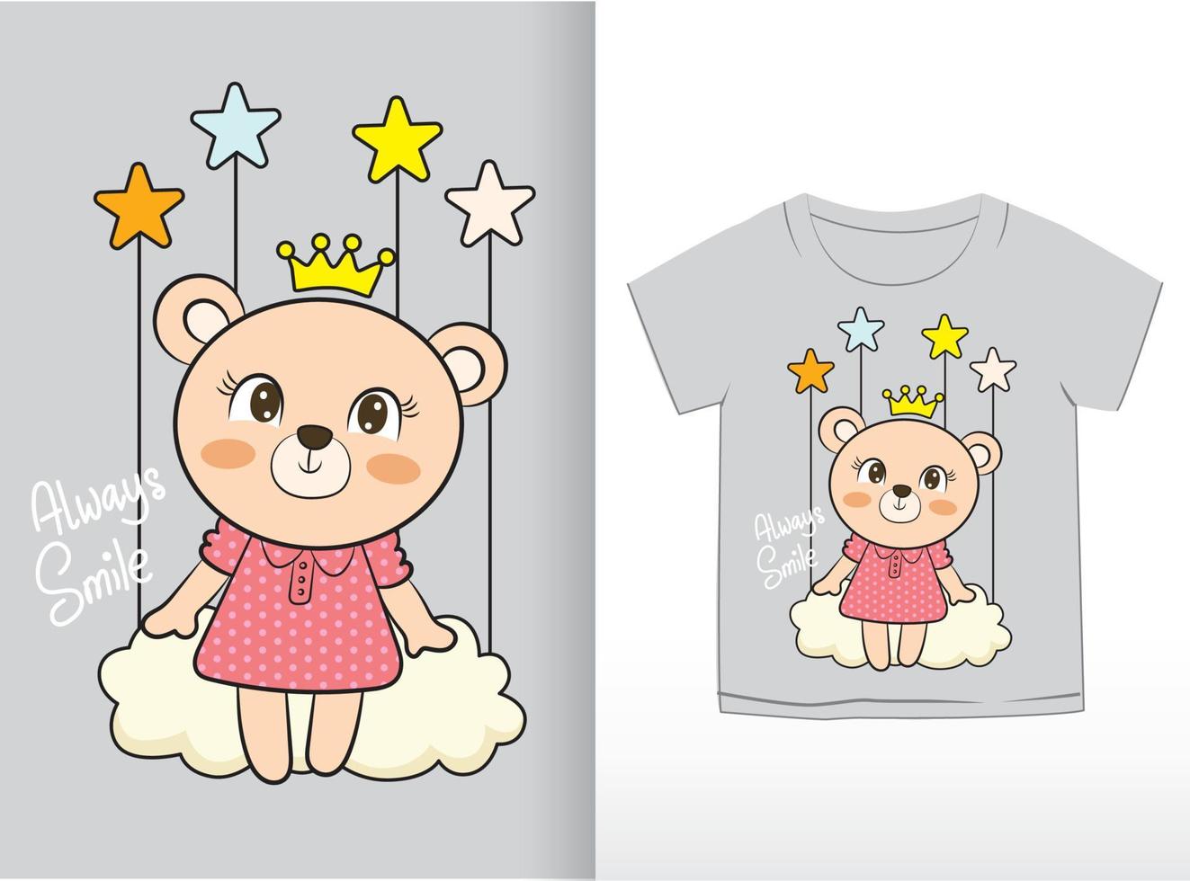 lindo bebê urso desenhado à mão para camiseta vetor