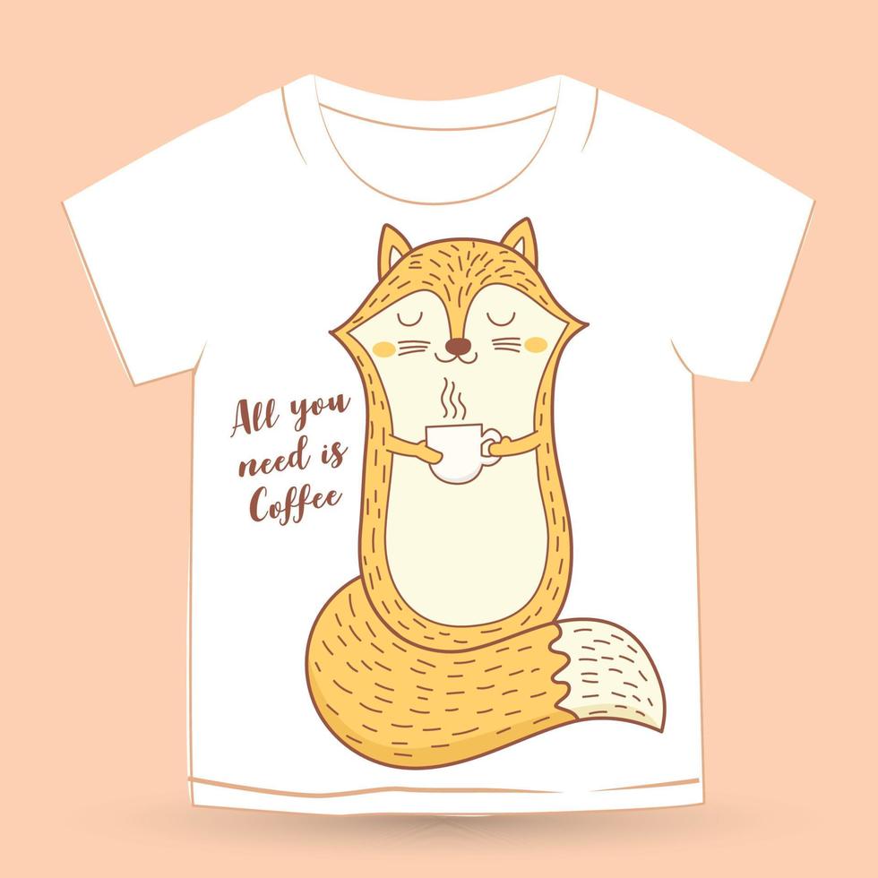 raposa desenhada de mão bonita com xícara de café para camiseta vetor