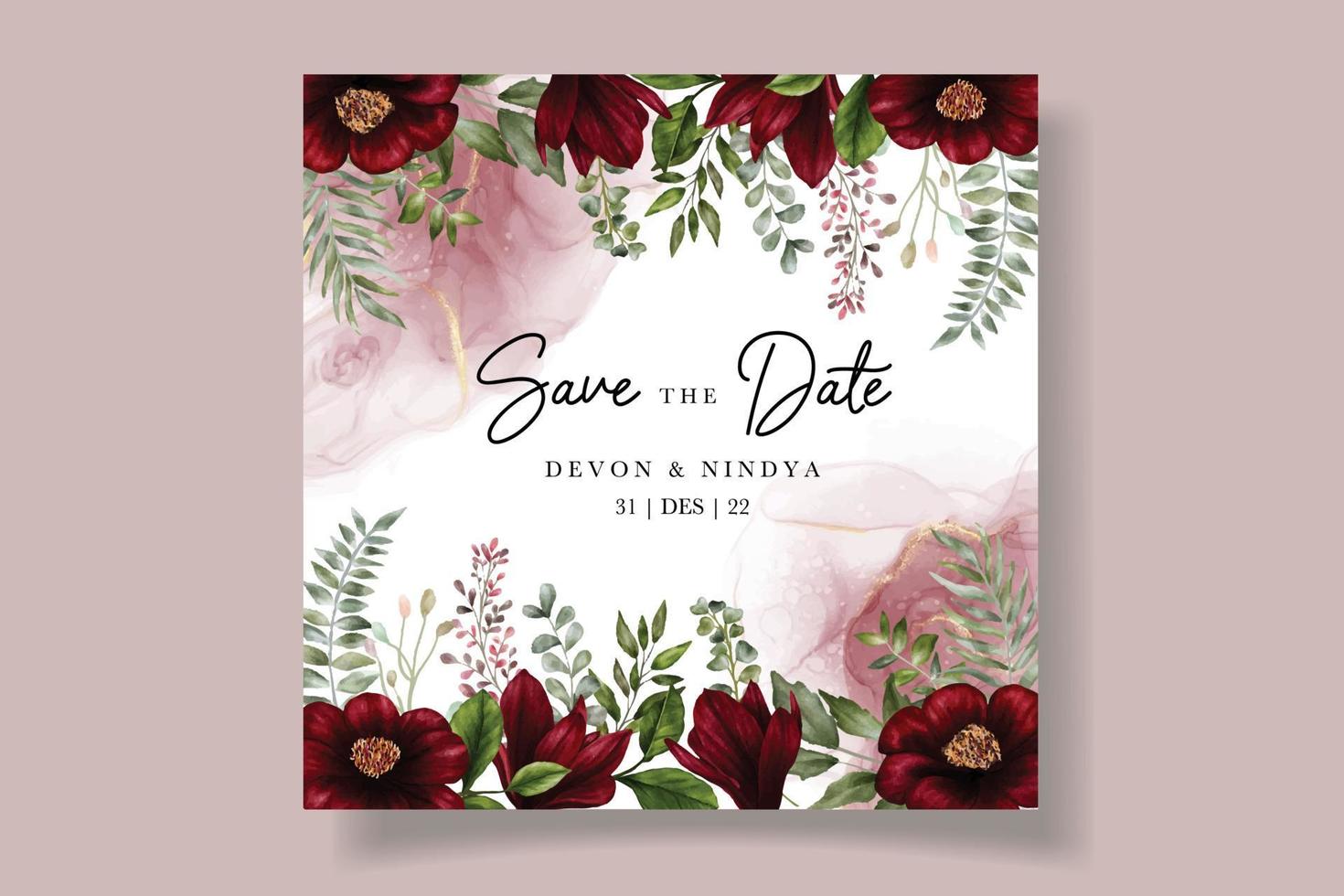 lindo cartão de convite de casamento de flor vermelha em aquarela vetor