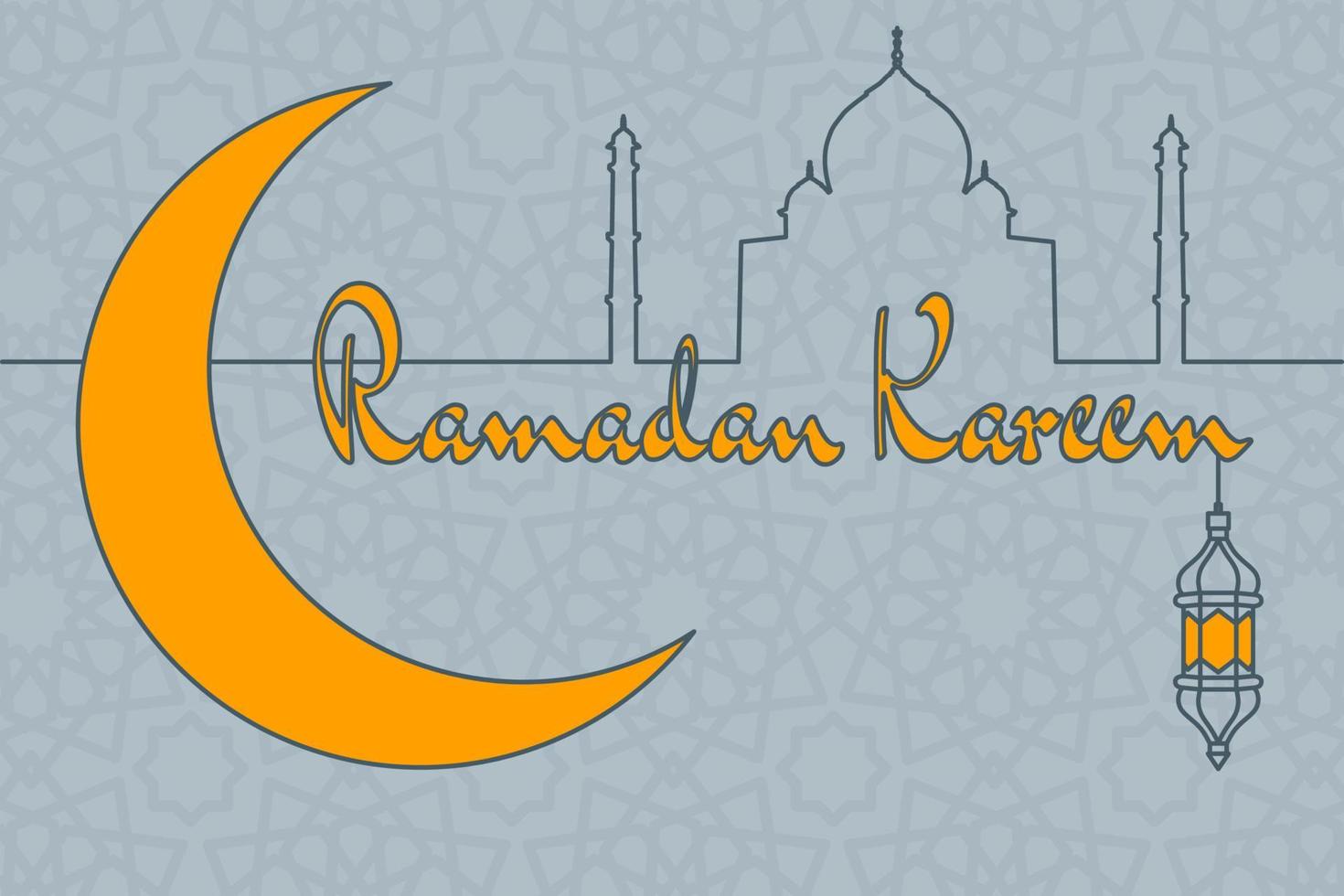 ilustração vetorial de saudação ramadan kareem, lua crescente tradicional, padrão árabe, silhueta de mesquita e lanterna. vetor