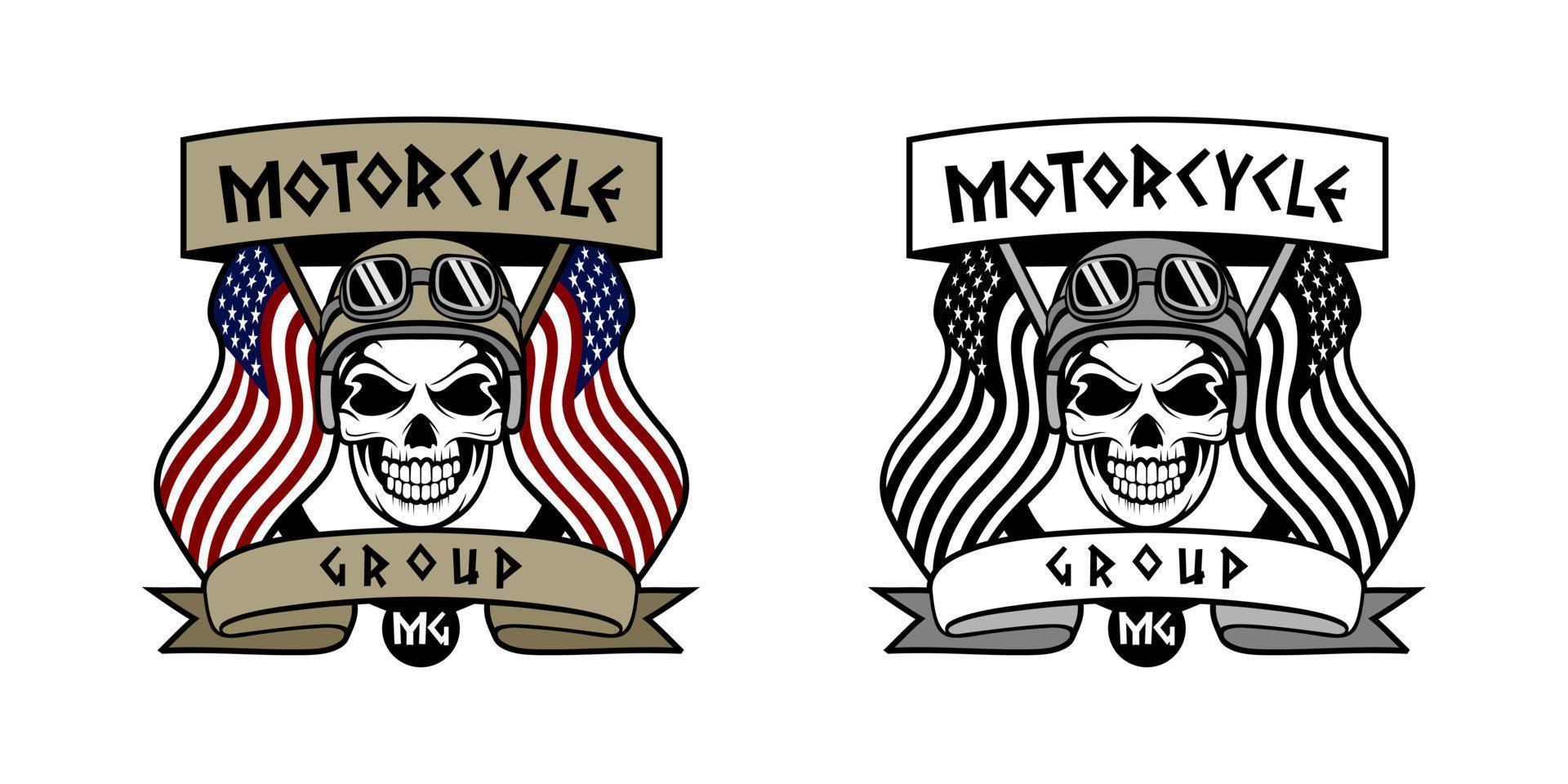 logotipo do grupo de motocicletas com ilustração de design de cabeça de crânio humano vetor