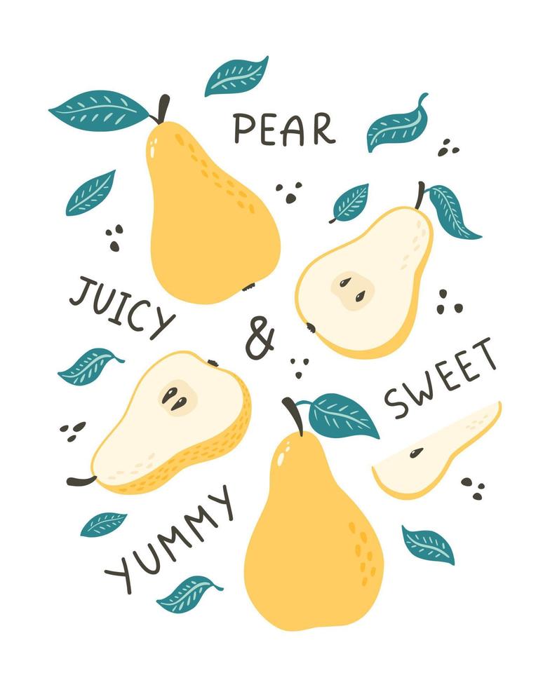 doodle cartaz de peras. frutas desenhadas à mão com ilustração de letras para menu, design e decoração de embalagens de alimentos, adesivo, etiqueta de mercado, impressão, vetor