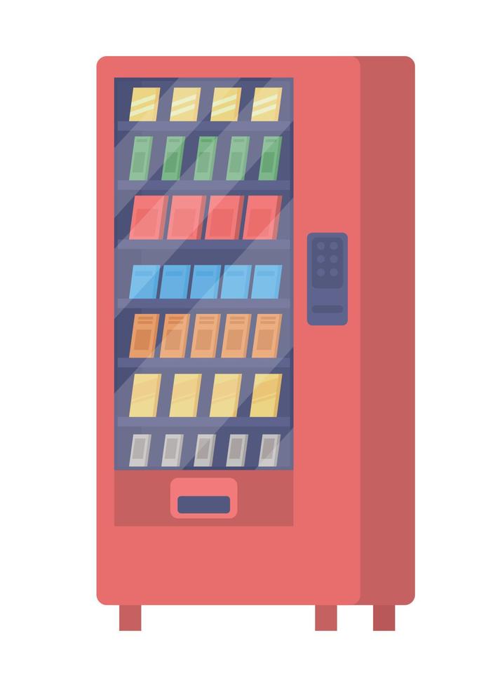 máquina de venda automática com itens de vetor de cor semi plana de lanches