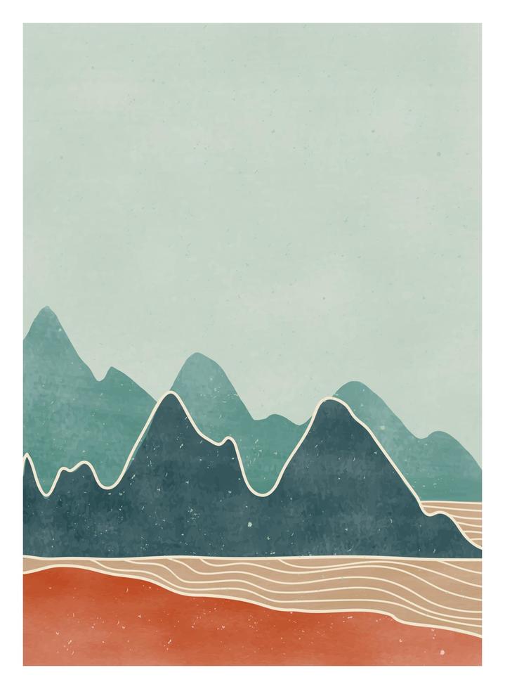 impressão de arte minimalista moderna de meados do século. paisagem de fundos estéticos contemporâneos abstratos com floresta, montanhas, mar, onda, céu. ilustrações vetoriais vetor