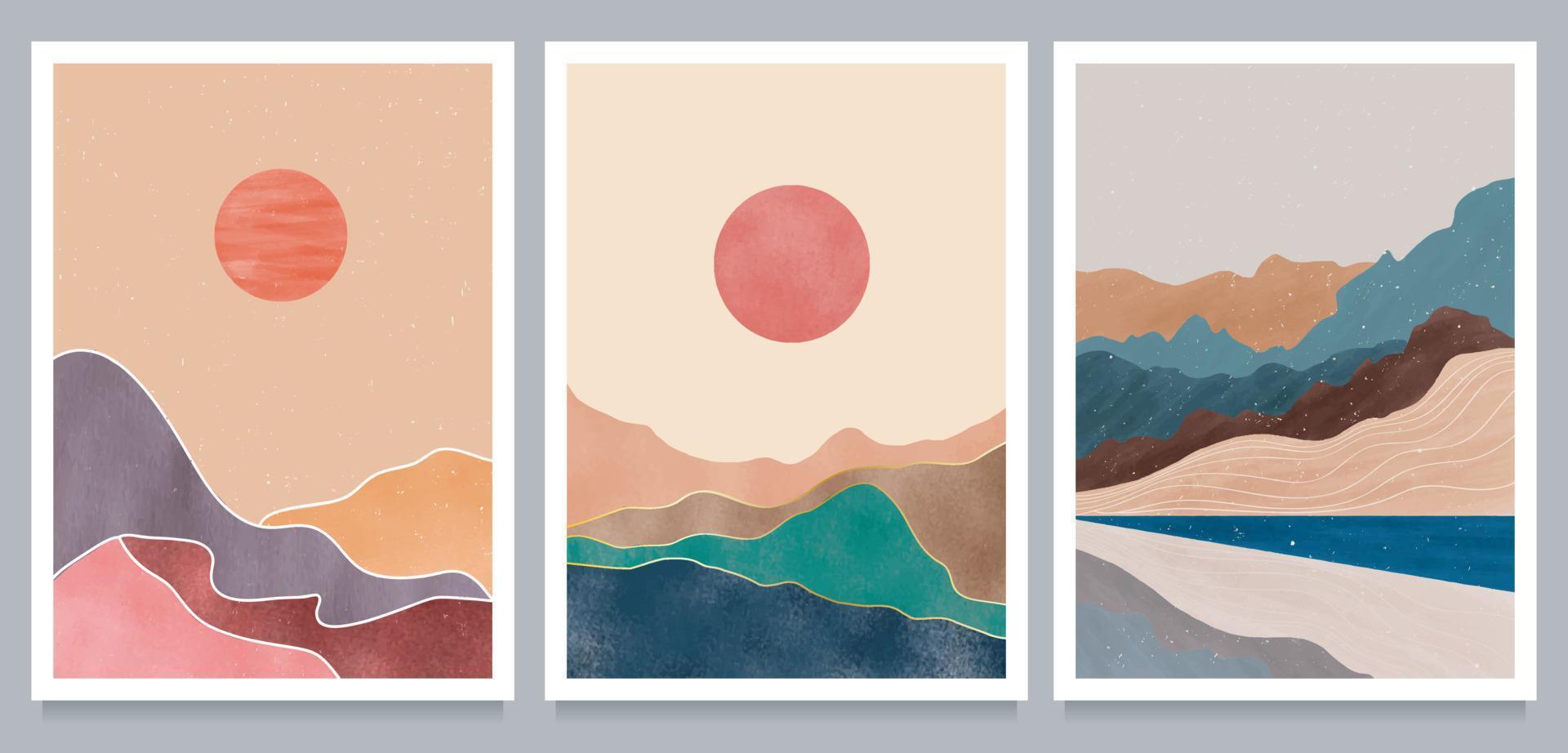 conjunto de ilustrações minimalistas criativas pintadas à mão de meados do século moderno. fundo natural da paisagem abstrata. montanha, floresta, mar, céu, sol e rio vetor