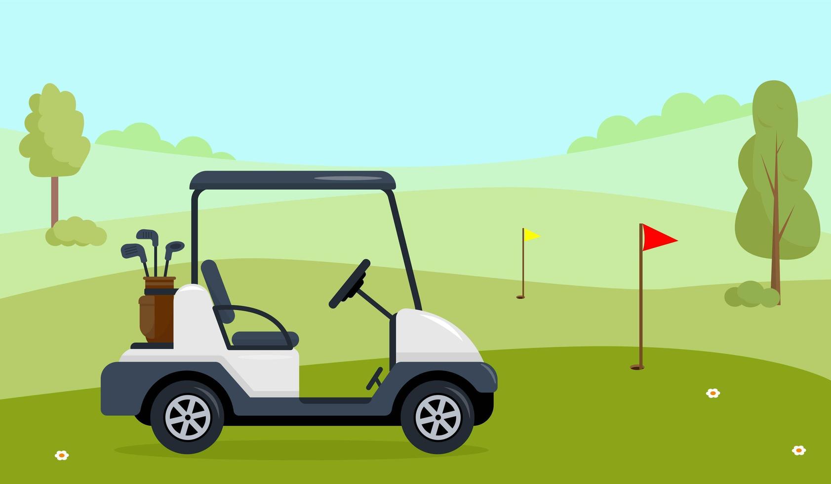 carrinho de golfe em campo verde com grama, árvores e bandeiras vetor