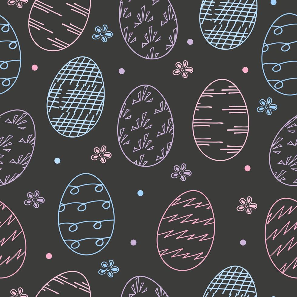 ovos de páscoa e padrão sem emenda de flores. ovos azuis, rosa, lilás sobre fundo preto. ilustração vetorial vetor
