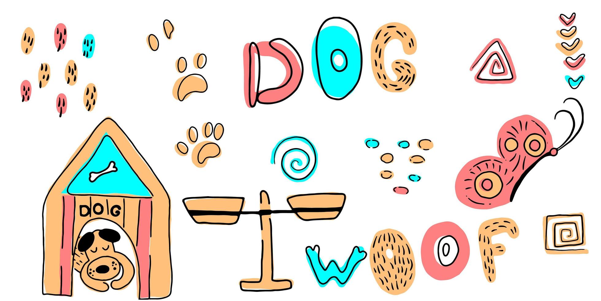 conjunto de vetores de cachorro bonito dos desenhos animados e letras em estilo escandinavo em um fundo branco. conjunto com cães para crianças. impressão de cães. animais de bebê fofos.