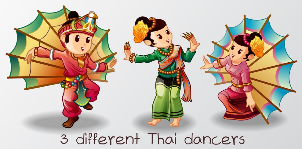 3 caracteres tailandeses diferentes do dançarino no estilo dos desenhos animados. vetor