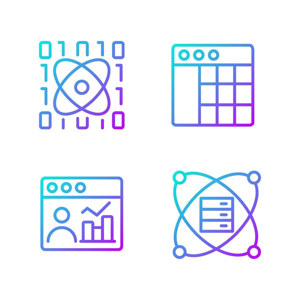 conjunto de ícones de vetor linear gradiente de mineração de dados de ciência. ferramentas para pesquisa virtual. engenharia e tecnologia digital. pacote de símbolos de contorno de linha fina. coleção de ilustrações de contorno isolado