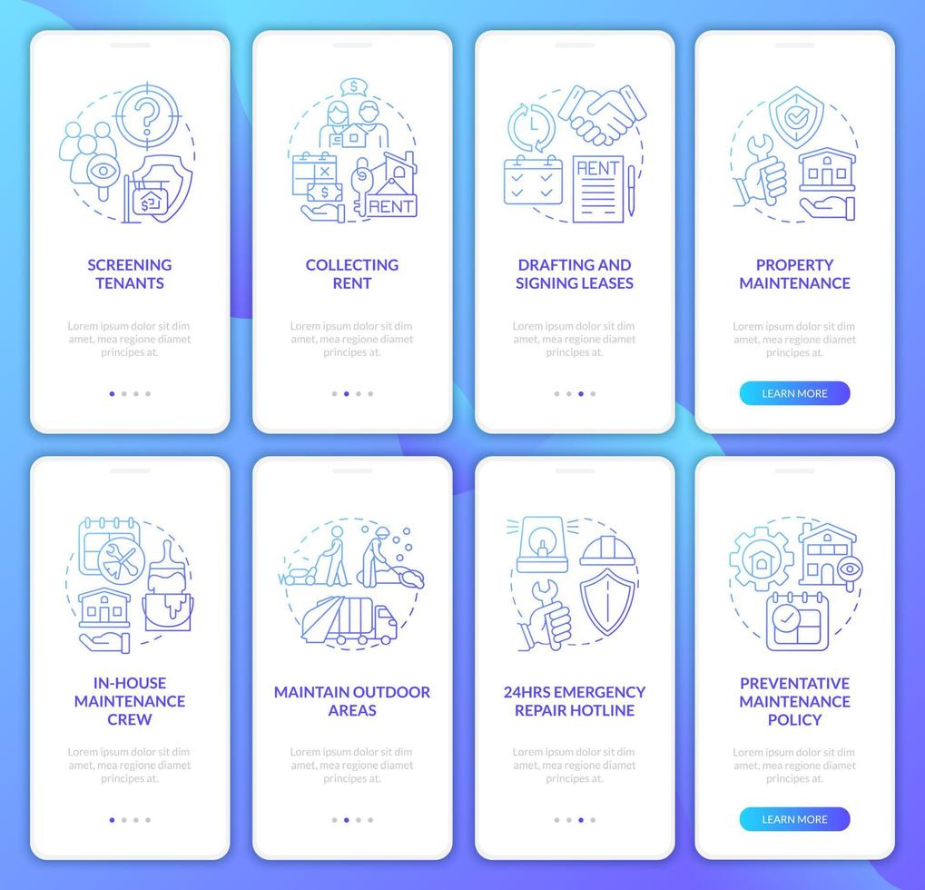 conjunto de tela de aplicativo móvel de integração de gradiente azul de agência imobiliária. Realty walkthrough 4 etapas páginas de instruções gráficas com conceitos lineares. ui, ux, modelo de gui. uma miríade de fontes regulares pró-negrito usadas vetor