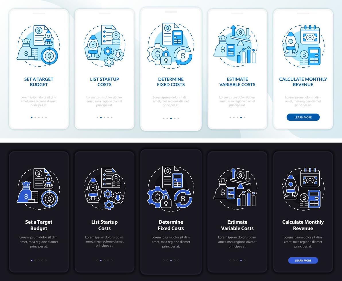 orçamento de inicialização modo noturno e diurno na tela do aplicativo móvel. passo a passo 5 passos páginas de instruções gráficas com conceitos lineares. ui, ux, modelo de gui. uma miríade de fontes regulares pró-negrito usadas vetor