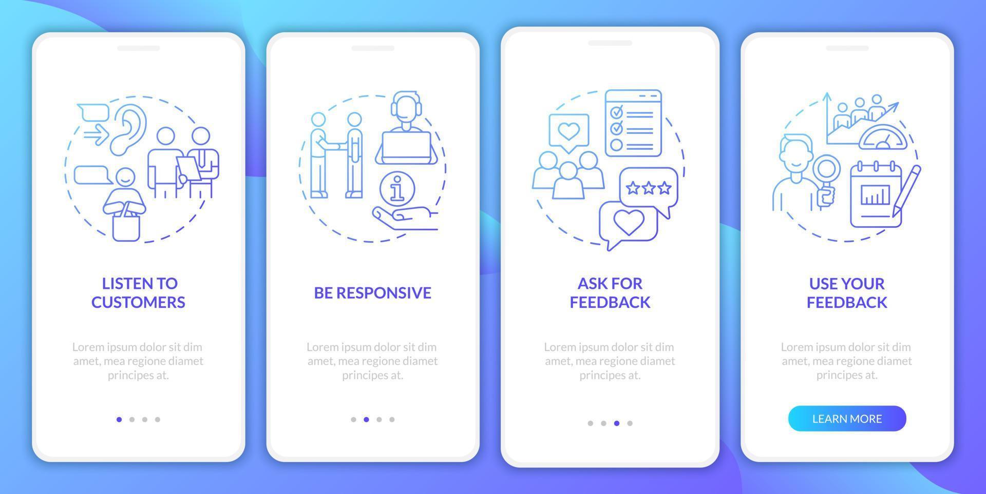 tela de aplicativo móvel de integração de gradiente azul de serviço ao cliente. ajuda do cliente passo a passo 4 etapas páginas de instruções gráficas com conceitos lineares. ui, ux, modelo de gui. uma miríade de fontes regulares pró-negrito usadas vetor