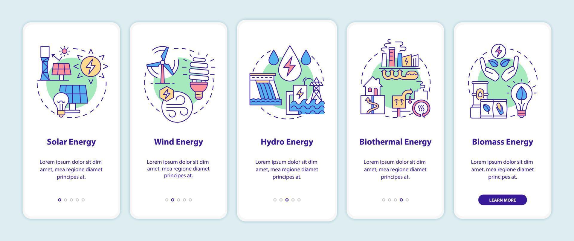 tipos de fontes de energia renovável integrando a tela da página do aplicativo móvel vetor