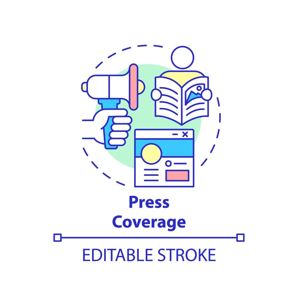 ícone do conceito de cobertura de imprensa. empreendedorismo social idéia abstrata ilustração de linha fina. promoção nas redes sociais. transmissão de informações. desenho de cor de contorno isolado de vetor. traço editável vetor