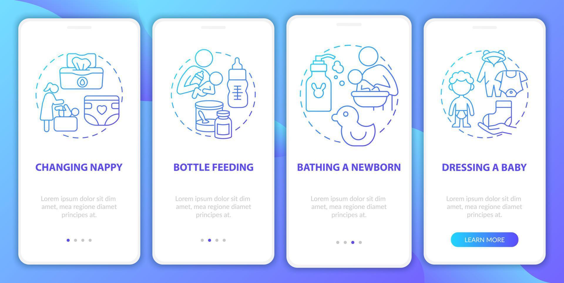 tela de página de aplicativo móvel de integração de gradiente azul de cuidados infantis. Passo a passo de cuidados com o recém-nascido 4 etapas instruções gráficas com conceitos. modelo de vetor ui, ux, gui com ilustrações coloridas lineares