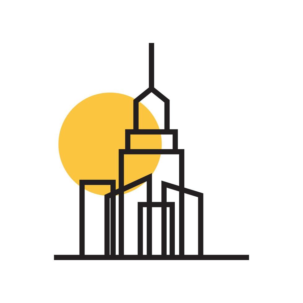 arranha-céu de arte de linhas com ilustração de símbolo de ícone de vetor de design de logotipo de torre e pôr do sol