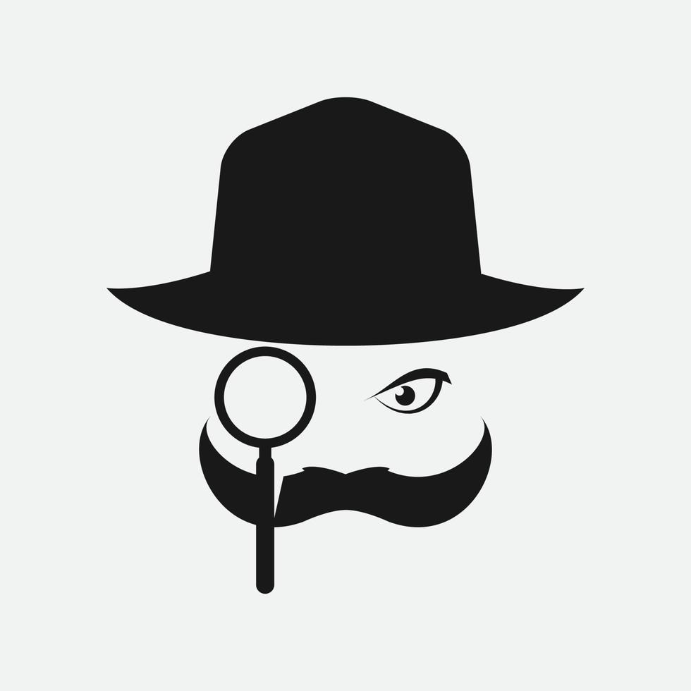 detetive de homem com bigode e design de logotipo de vidro de busca vetor
