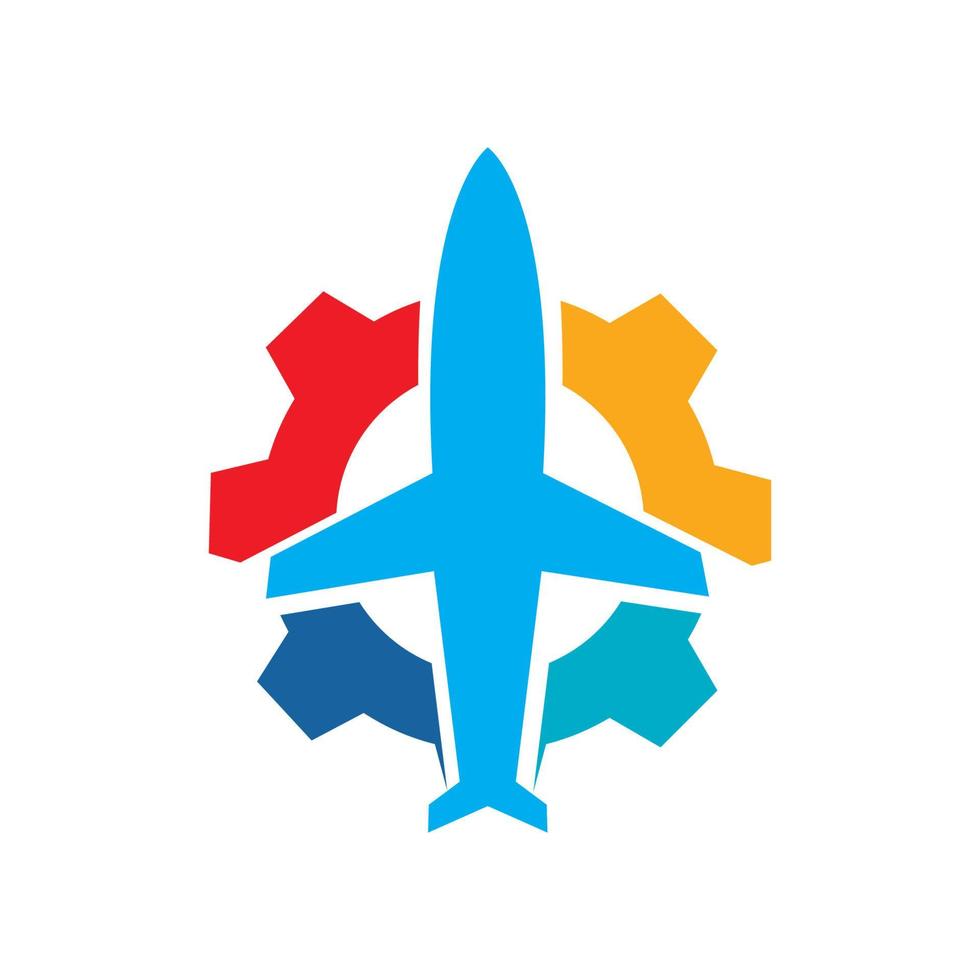 viagem de avião abstrata voar com design de logotipo de engrenagem vetor