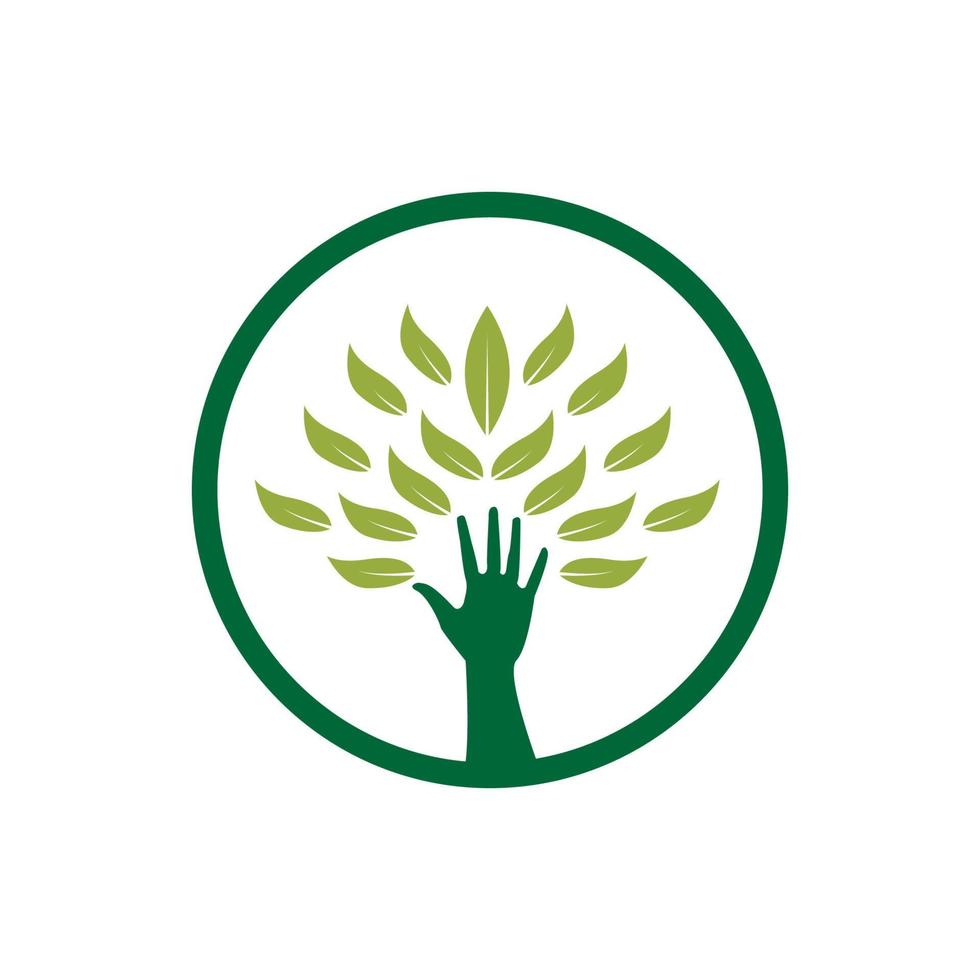 mão em círculo com design de logotipo de árvore de folha vetor