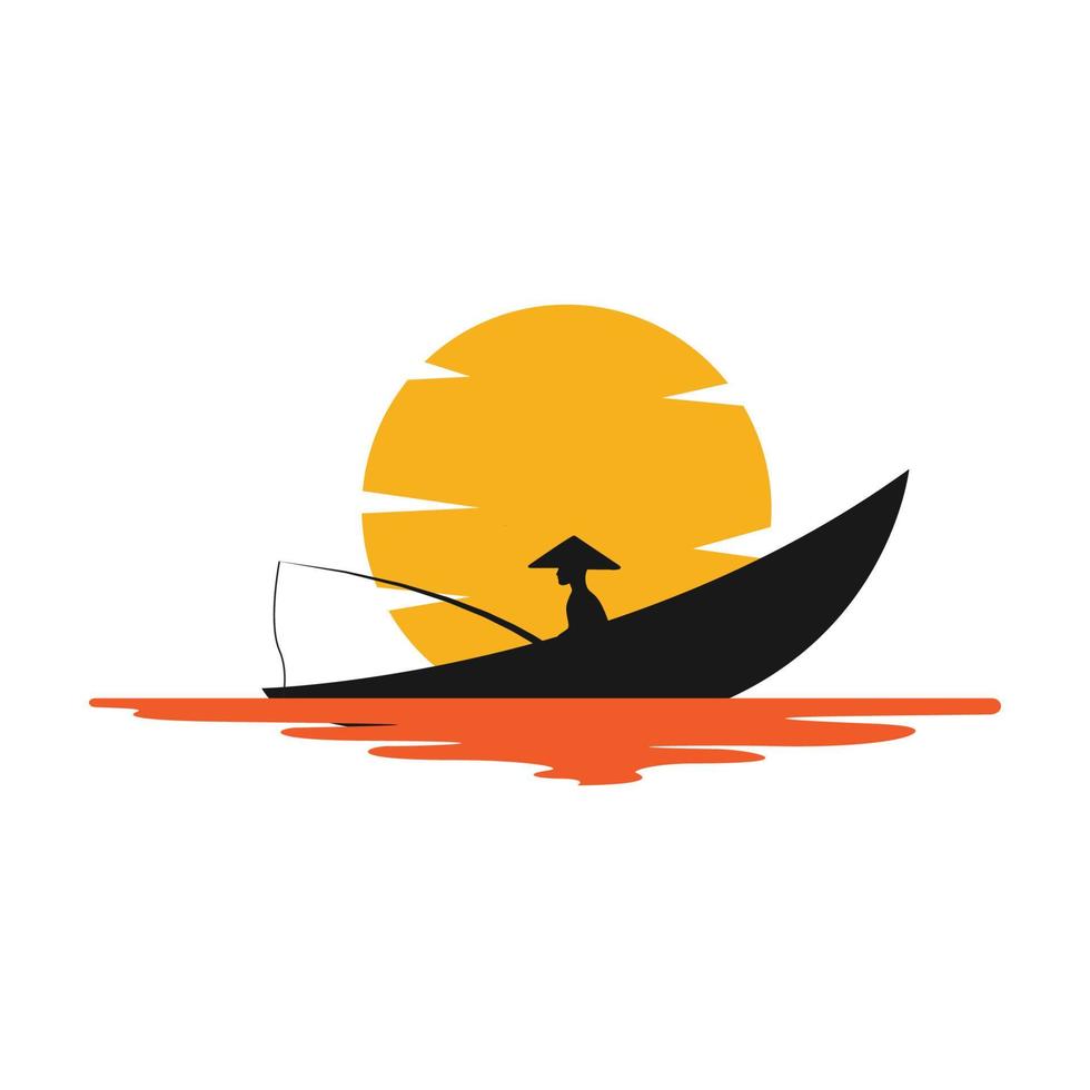 pescador tradicional com o símbolo do logotipo vintage do pôr do sol ícone vector design gráfico ilustração ideia criativa