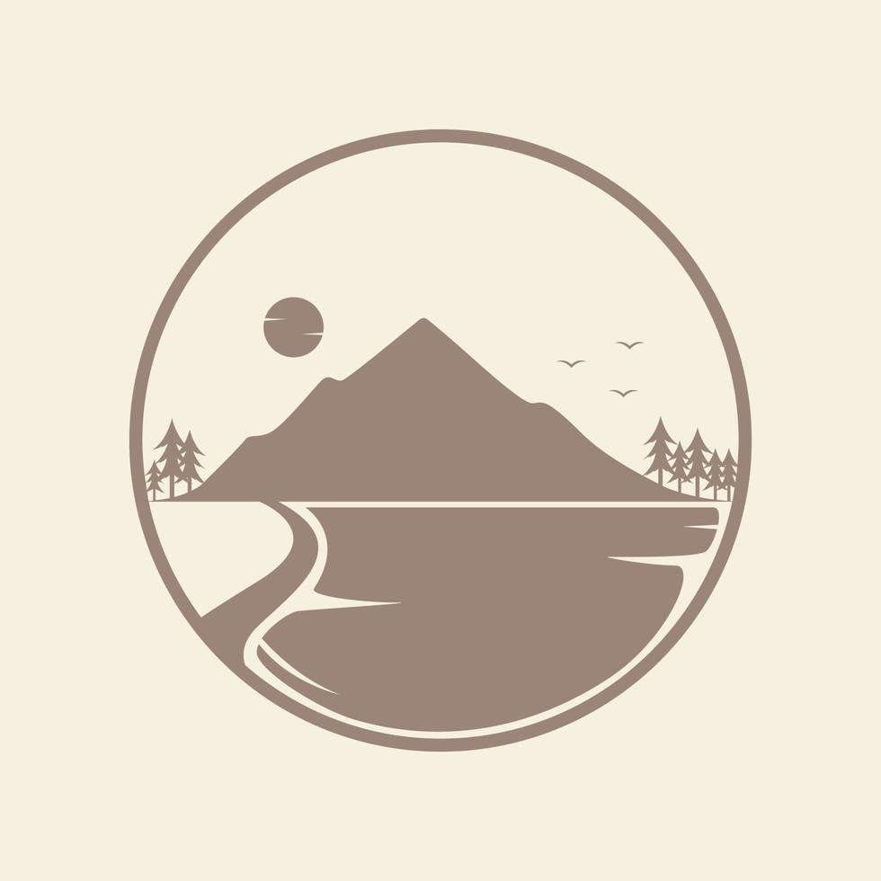 montanha de natureza com árvore e lago vintage círculo logotipo símbolo ícone vetor design gráfico ilustração ideia criativa