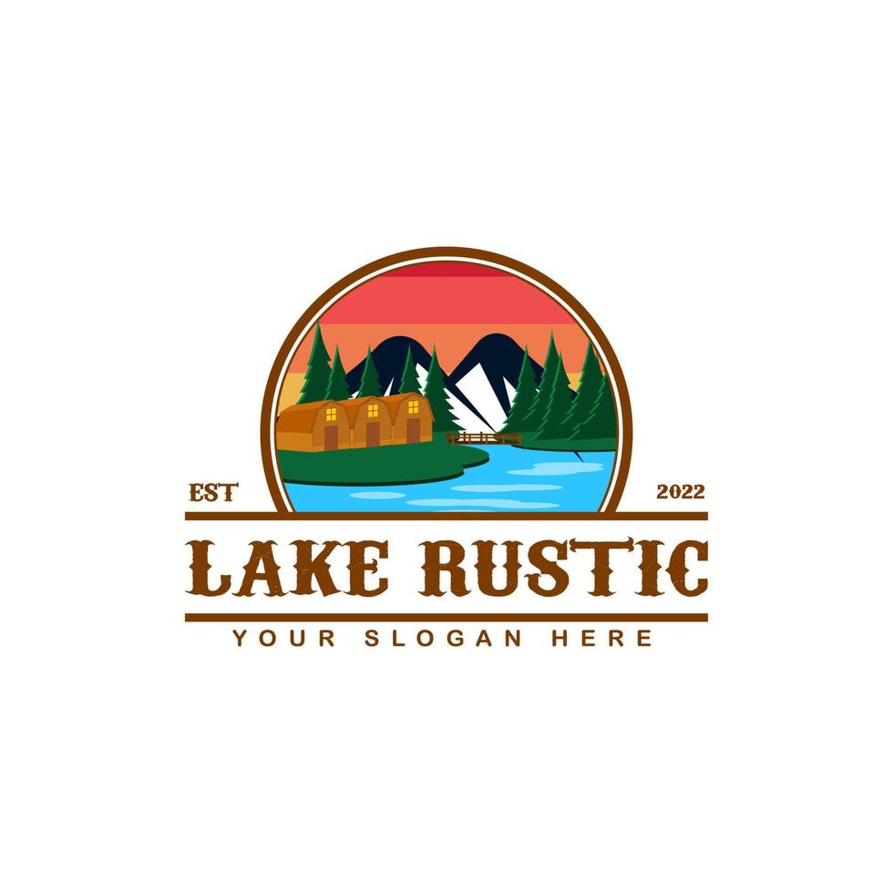 modelo de logotipo de fazenda de lago ao vivo lakesidecountryside com vista para a montanha e floresta de pinheiros. uotdor rústico vetor