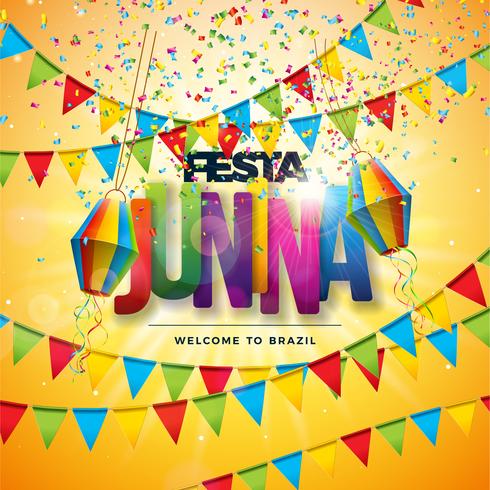 Ilustração de Festa Junina com bandeiras do partido, lanterna de papel, confetes coloridos e letra da tipografia no fundo amarelo. Vector Brazil June Festival Design