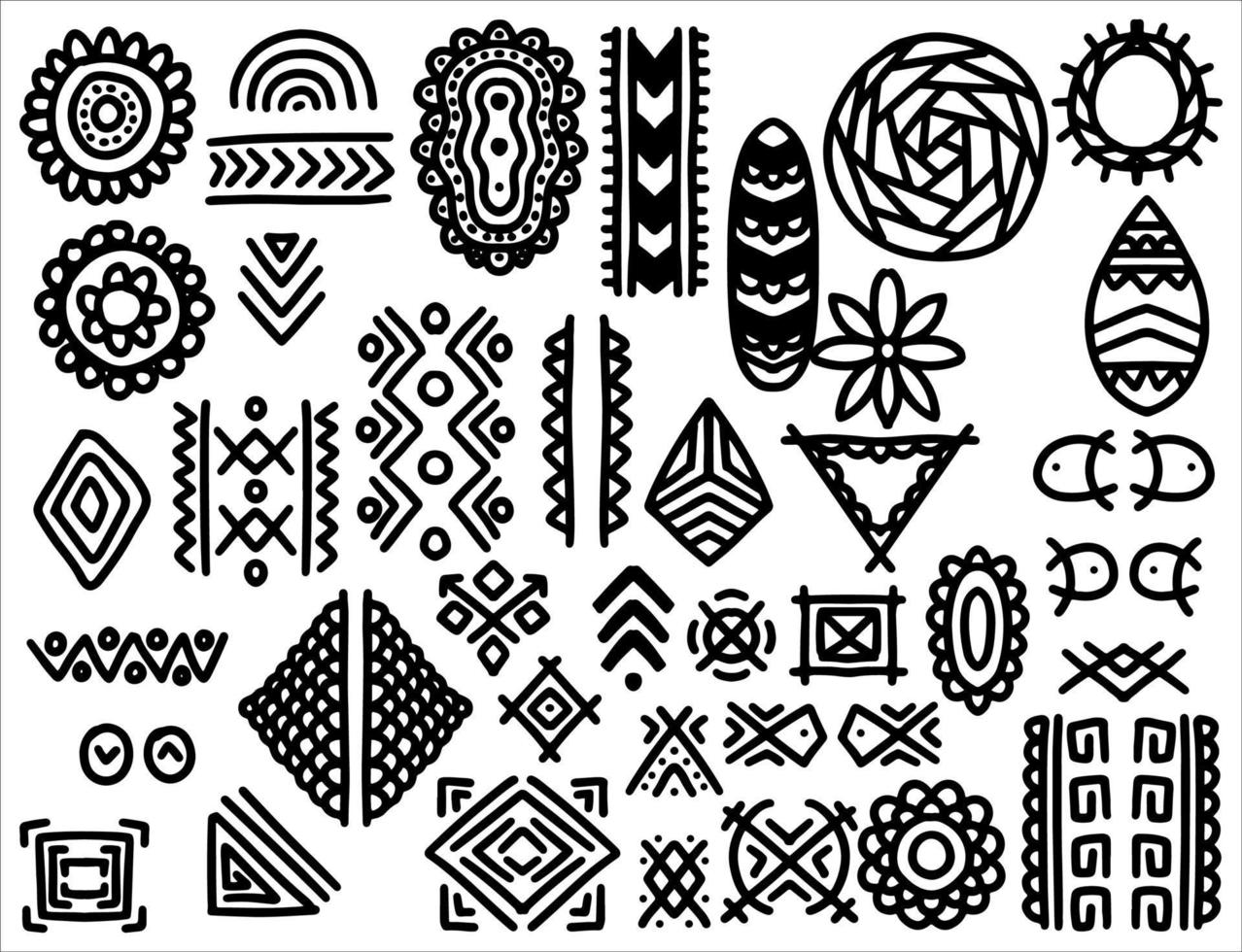 elementos tribais étnicos desenhados à mão definidos em estilo preto e branco. vetor