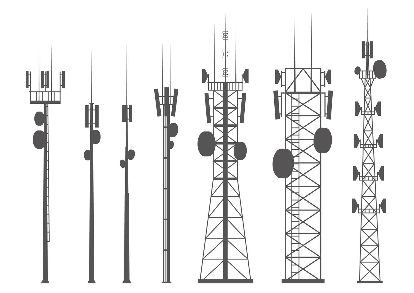 silhueta de torres celulares de transmissão. torres de comunicações móveis e de rádio com antenas para conexões sem fio. conjunto de ilustrações vetoriais de contorno vetor