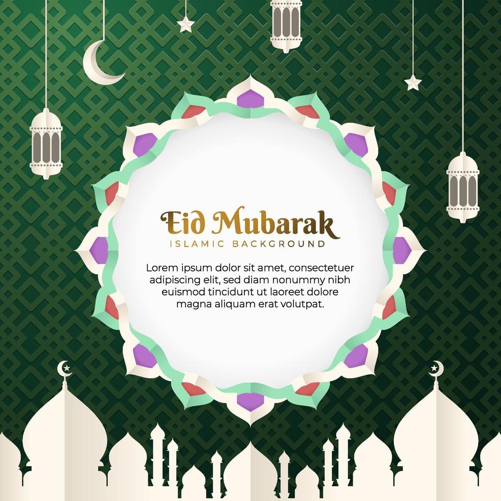 eid mubarak vector design cartão de fundo. eid al fitr ilustração em um estilo de corte de papel com mesquita, crescente, lanterna, ornamento de arabesco. adequado para modelos de celebração islâmica.