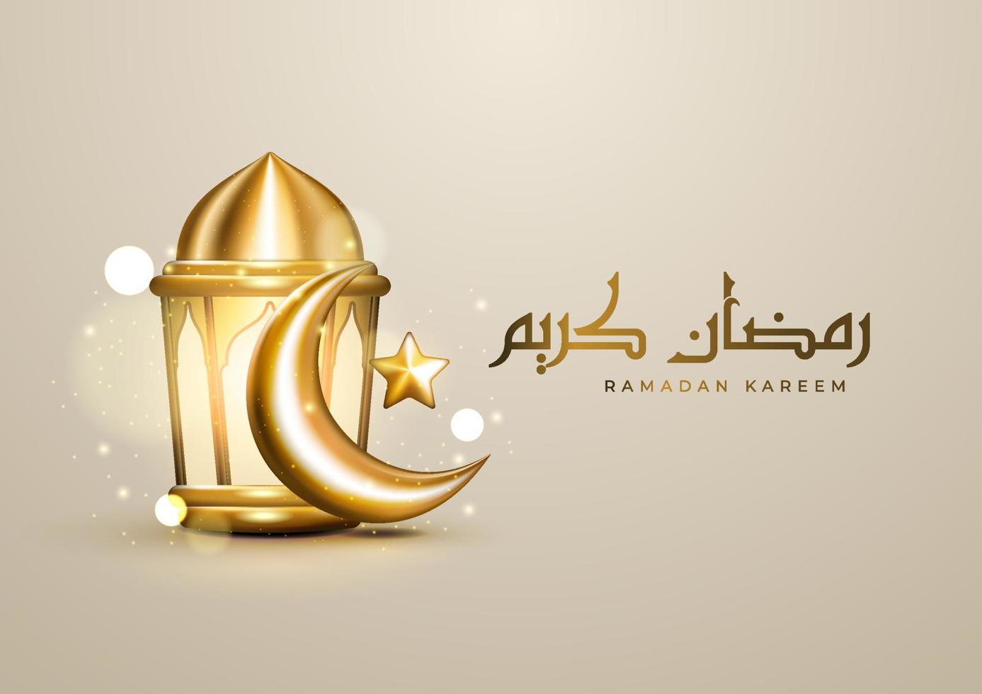 saudações realistas do ramadã islâmico com caligrafia árabe, crescente dourado, estrela e lanterna. fundo de luxo ramadan kareem vetor